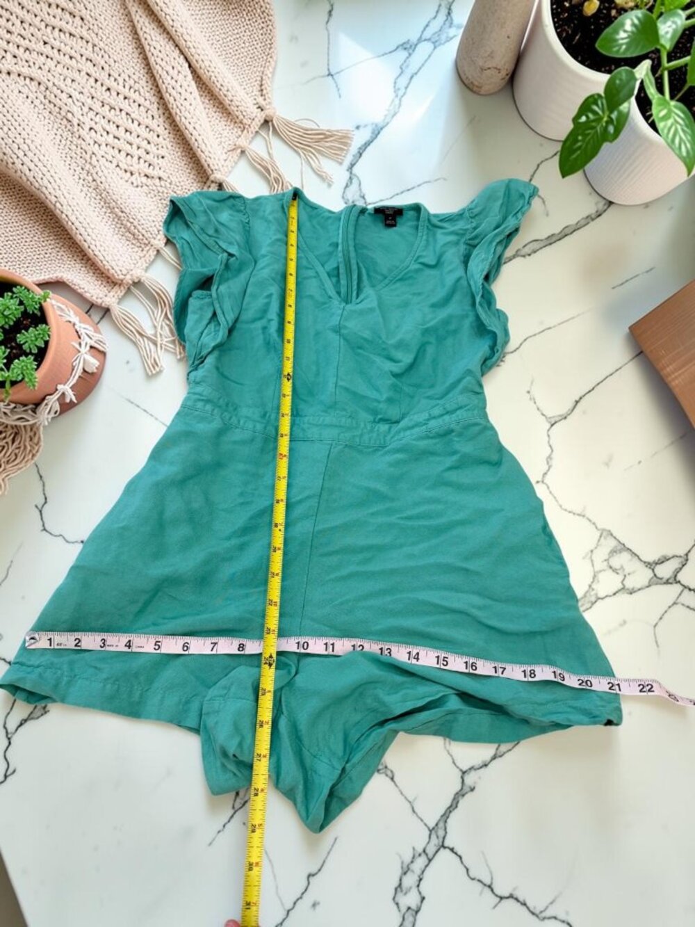 Ann Taylor Kelly Green Linen Romper Flutter Sleeve Size 0Petite Pockets - Picture 7 of 9
